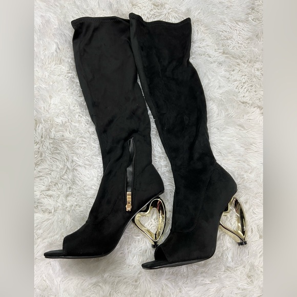 YOKI Over The Knee Stretch Peep Toe Boots Heart Shaped Heel Zip Up Black Size 7 - Picture 7 of 15
